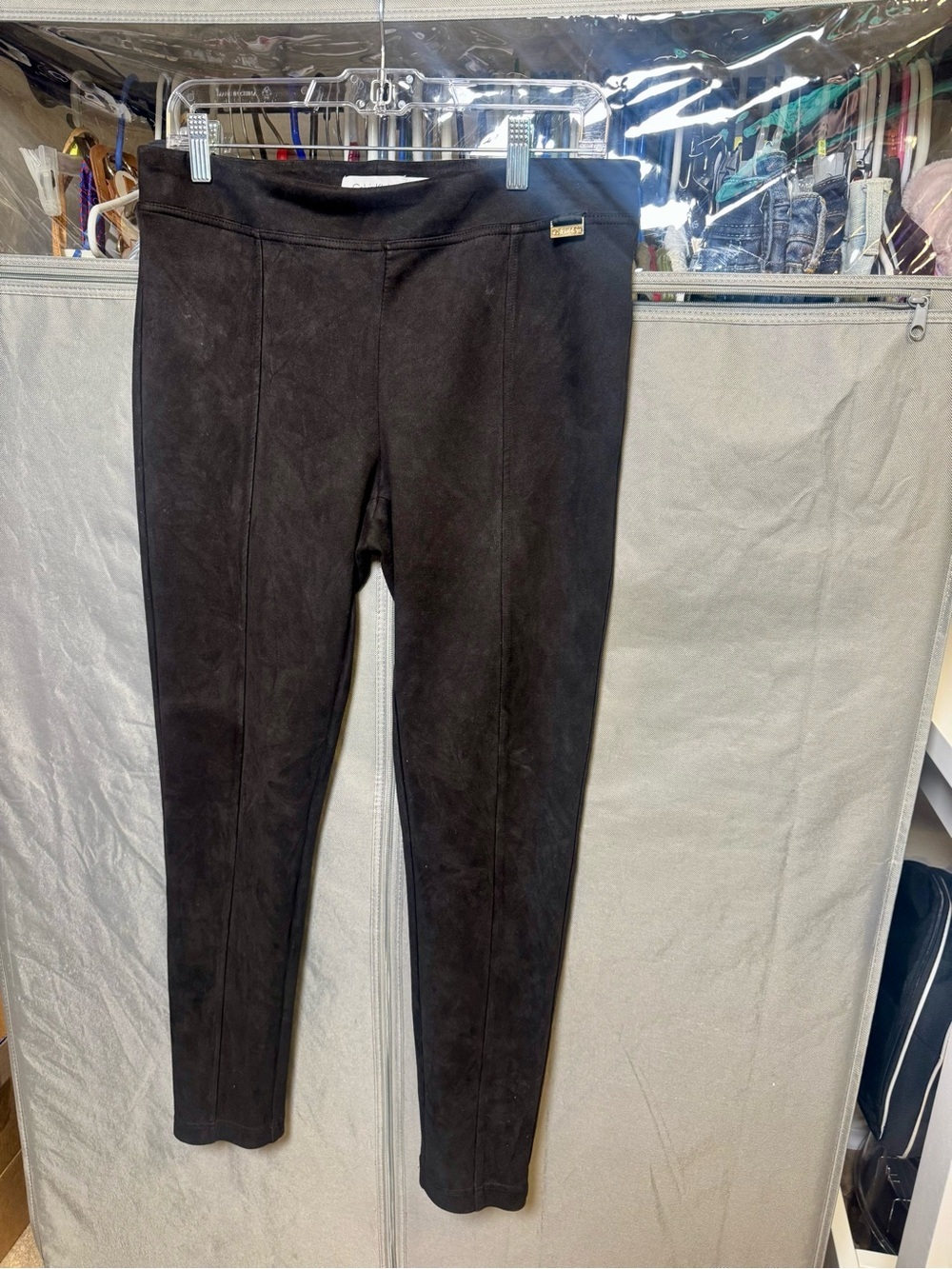 Calvin Klein Black Faux Suede Leggings with Gold Logo Accent